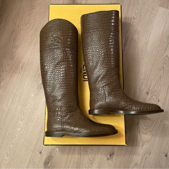 Fendi Croc-Embossed Leather Tall Boots - Picture 4 of 7